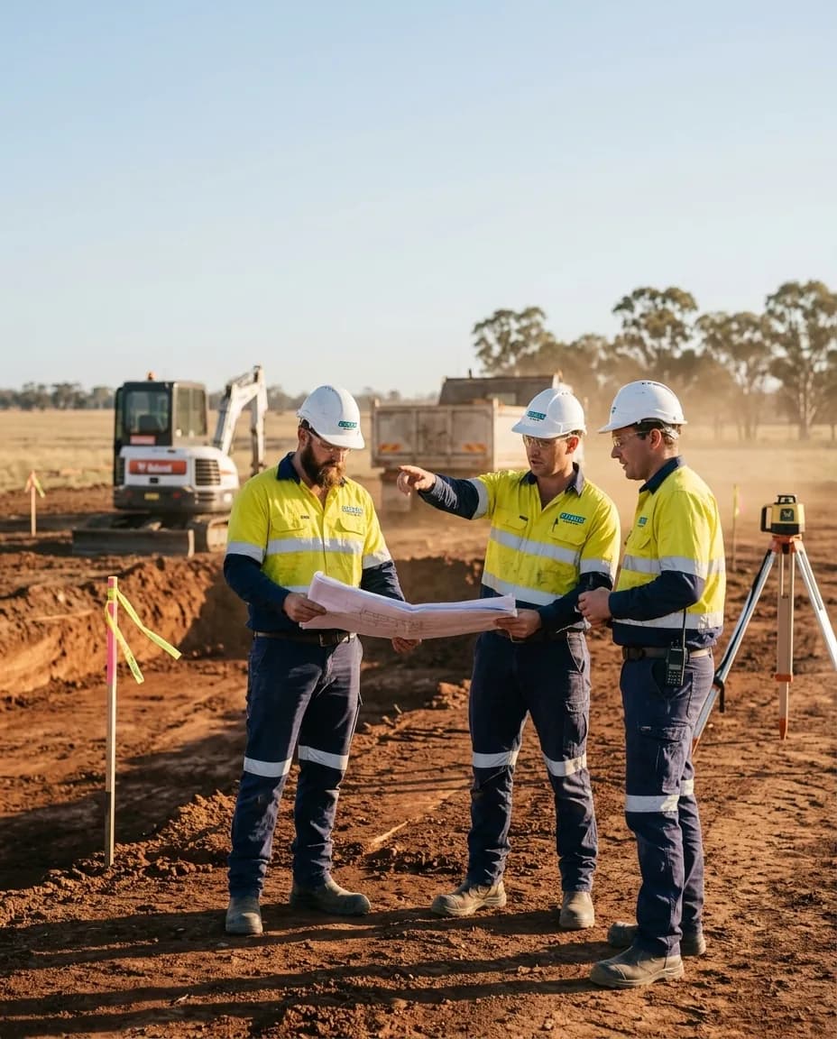 Sonix Group civil crew in hi-vis reviewing site plans on an earthworks site