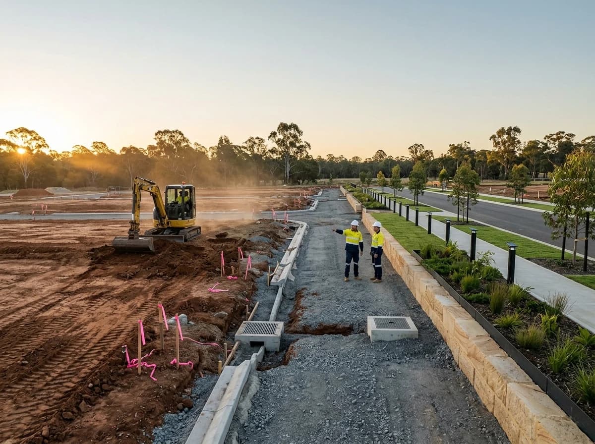 Estate site moving from fresh earthworks and stormwater pits to a finished retaining wall, landscaping and solar-lit footpath